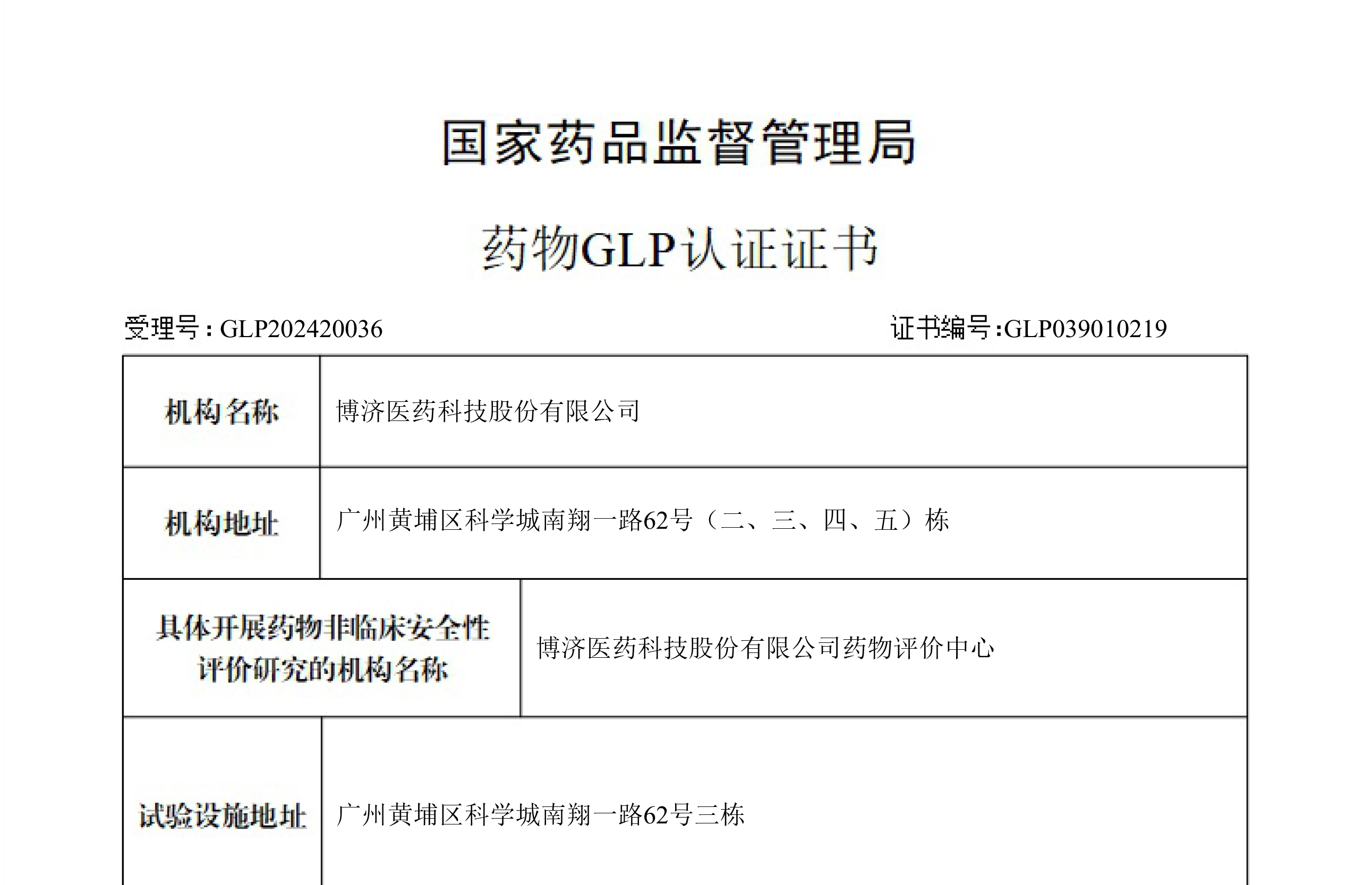 藥物GLP認(rèn)證證書